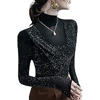 Women's Mesh Tops Fashion Sexy High Neck Long Sleeve Bright Silk Patchwork Blouses Elegant Party Dinner Shirts