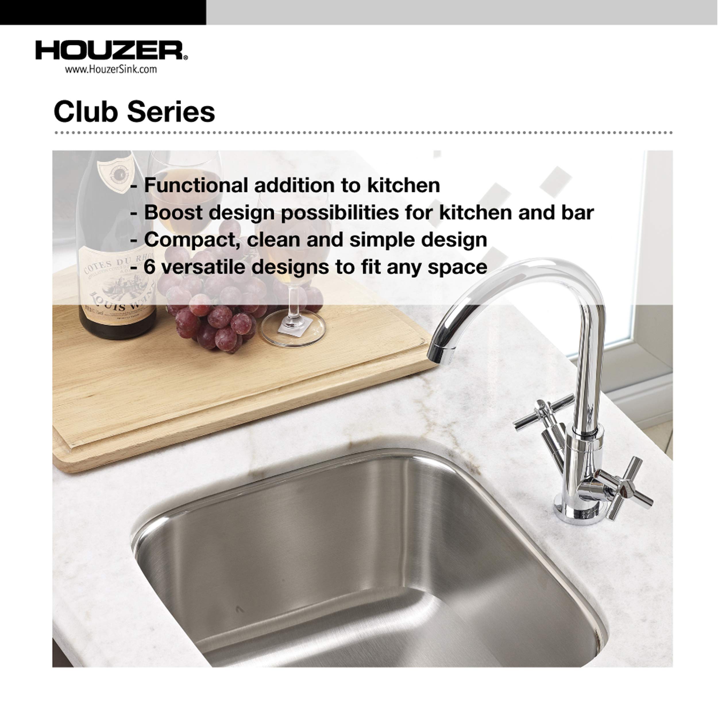 Houzer CS-1105-1 Club Series Undermount Bar Prep Sink, Basket Strainer Included, 9-1/4