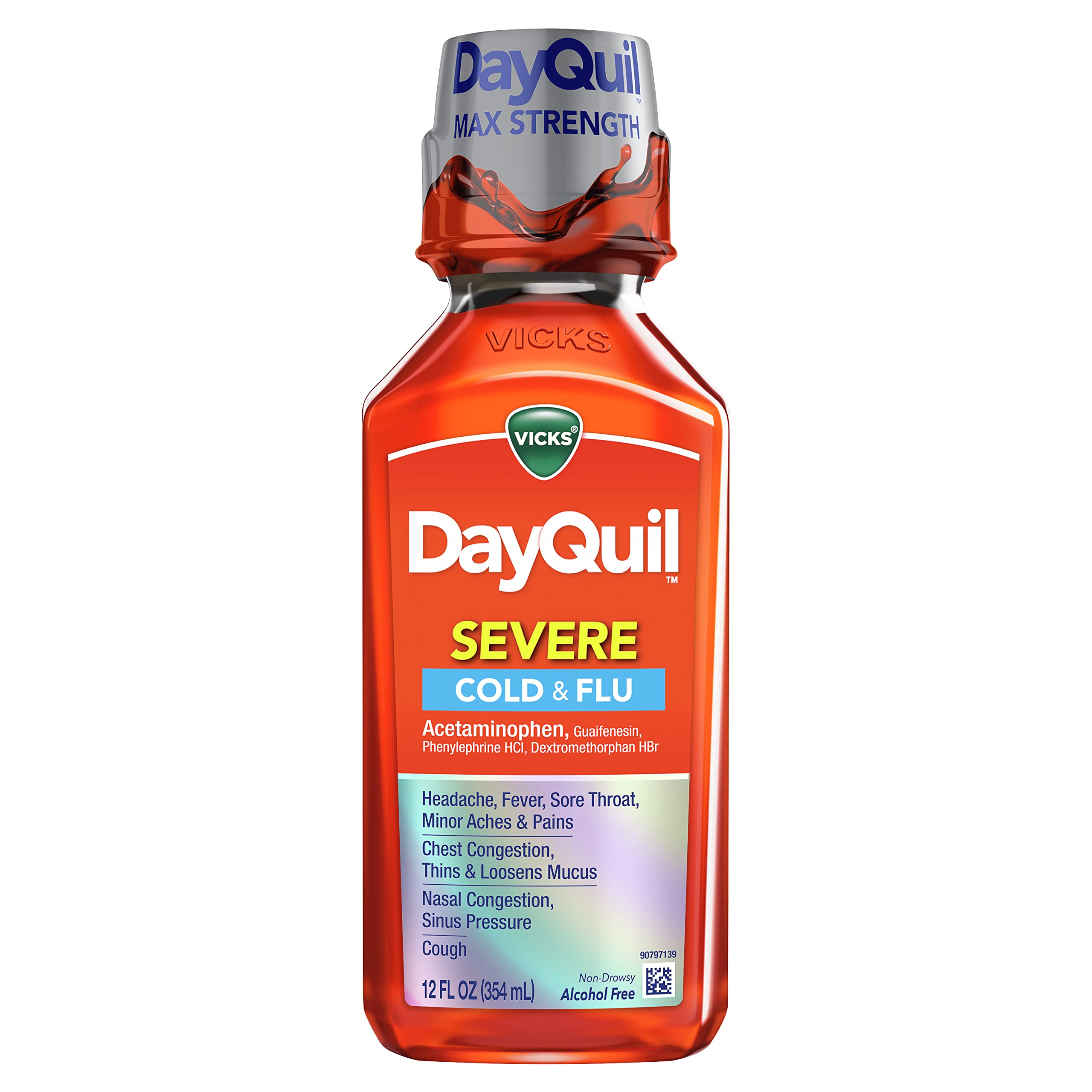 Vicks DayQuil Severe Cough, Cold and Flu, Berry Flavor, 12 Fl oz (Non-Drowsy) - Sore Throat, Fever, and Congestion Relief (Pack of 2)