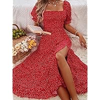 Women's Dress Polka Dot Shirred Puff Sleeve Split Thigh Ruffle Hem Dress (Color : Red, Size : Large)
