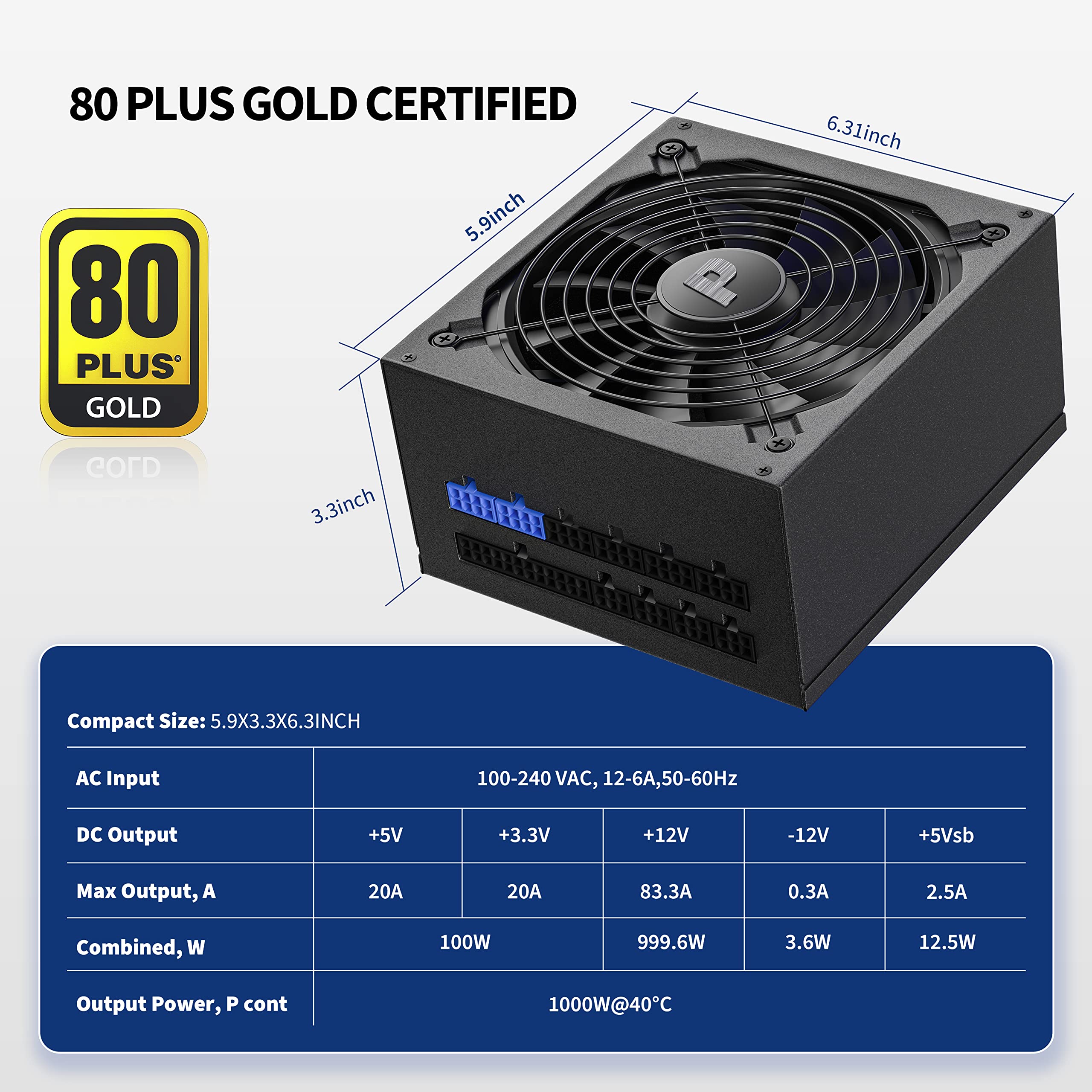 Pystar 1000W Power Supply 80+ Gold Full Modular PSU,ES1000