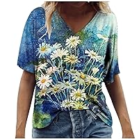 Women Tops,Summer Casual Scenic Flowers Print Graphic Tees V Neck Short Sleeve T-Shirt Tops Casual Dressy Blouses Plus Size