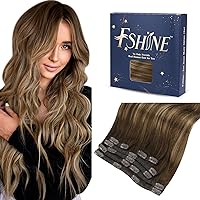 Clip in Hair Extensions Real Human Hair, 20 Inch 120g Thick Seamless Hair Extensions Clip in Human Hair Balayage Chocolate Brown to Honey Brown Straight Lace Double Weft 7pcs