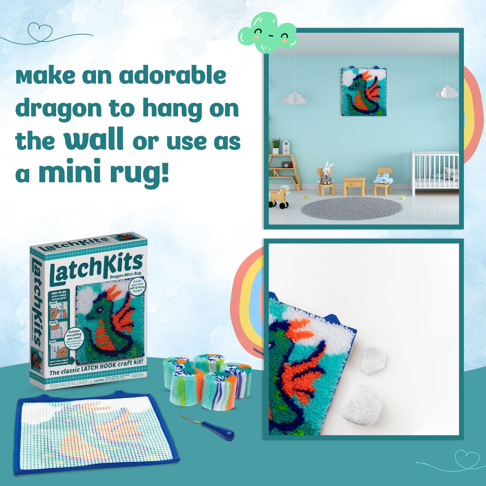 LatchKits Latch Hook Kit for Wall Hangings & Mini-Rugs - Dragon - Craft Kit with Easy, Color-Coded Canvas, Pre-Cut Yarn & Latch Hook Tool - Perfect DIY Craft for Kids - Ages 6+