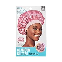 KISS COLORS & CARE Glitter Bonnet XL, Pink Pearl, Gentle Silky Fabric with Elastic Band for Most Hair Types - Hypoallergenic, Overnight Wear Stylish Sleep Cap, Slip-Free, Breathable