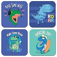 Dinosaur Coasters for Kids, Set of 4 Absorbent Neoprene Coasters for Drinks, Fun Cute Coasters Funny Jurassic Dino Designs, Square Cup Mats 3.5 x 3.5 in
