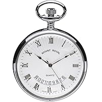 Pocket Watch Open Face with Calendar Chrome Plated Quartz Movement - with Chain