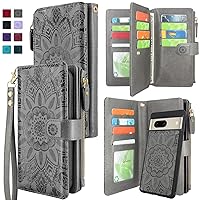 Harryshell Detachable Magnetic Case Wallet with Cash Coin Zipper Pocket 12 Card Slots Holder Wrist Strap Lanyard Compatible with Google Pixel 7 5G (2022) (Flower Gray)