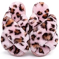 Girls Fluffy Slippers Kids Leopard Tie Dye Open Toe Memory Foam Slides Sandals Soft Plush Cross Band House Shoes Indoor Outdoor Slip On