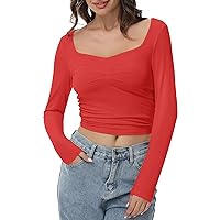Long Sleeve Crop Top Slim Sexy Ribbed Fitted Cotton Cropped Shirts Women's Sweetheart Neck Basics for Daily Casual Wear