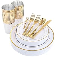 WDF 25Guest Gold Plastic Plates with Gold Silverware - Pastic Plates Dinnerware - Include 25 Dinner Plates 25 Salad Plates 50 Forks 25 Knives 25 Spoons 25 Cups 25 Mini Forks for Christmas