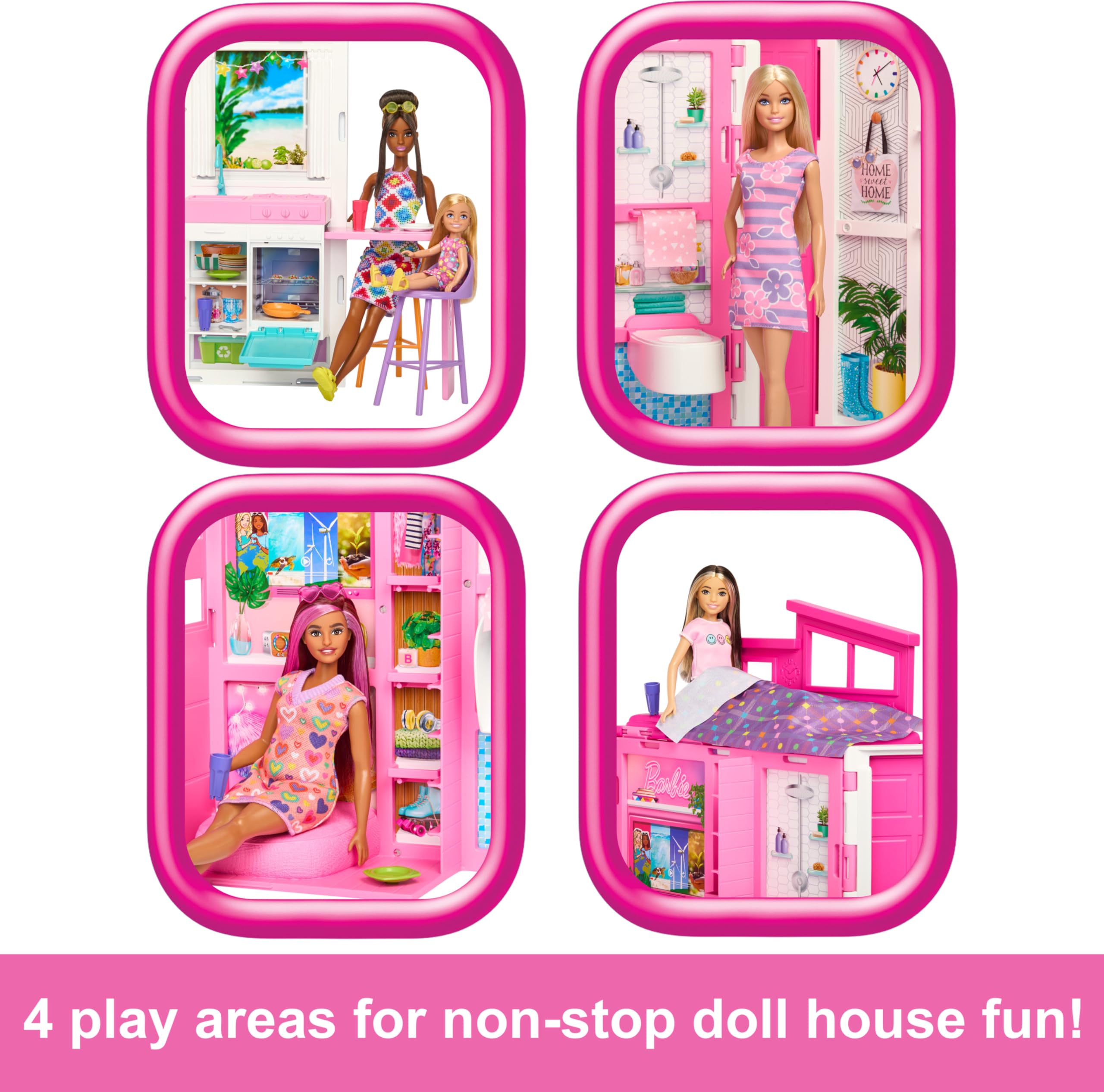 Barbie Doll House Playset, Getaway House with 4 Play Areas Including Kitchen, Bathroom, Bedroom and Lounge, 11 Decor Accessories