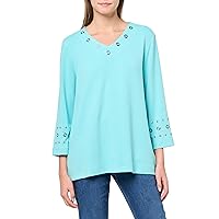 MULTIPLES Women's Three Quarters Sleeve V-Neck Top with Embellishment