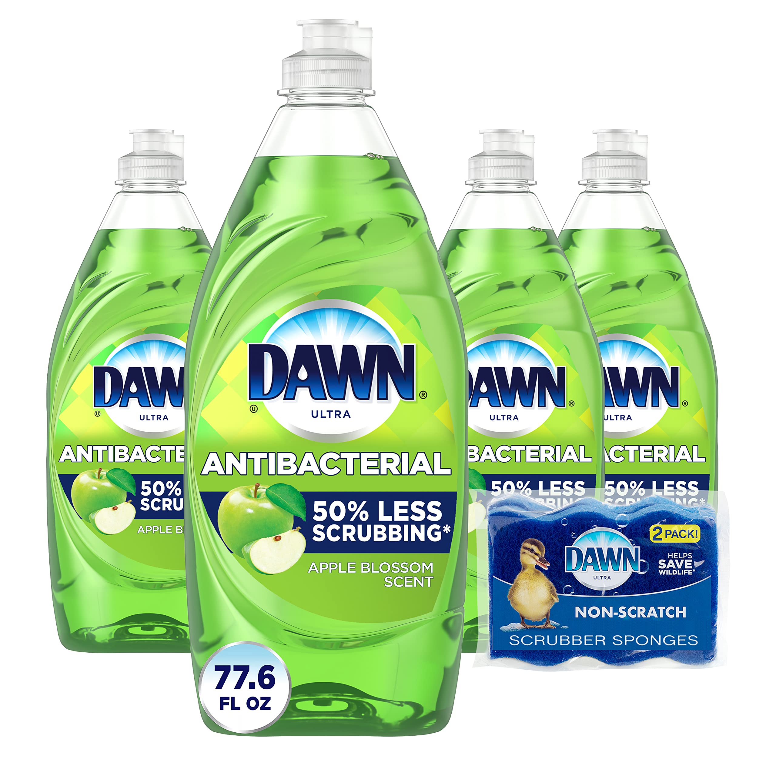 Dawn Dish Soap, Antibacterial Hand Soap, Dishwashing Liquid, Apple Blossom Scent,19.4 Oz, Pack Of 4 + 2 Sponges