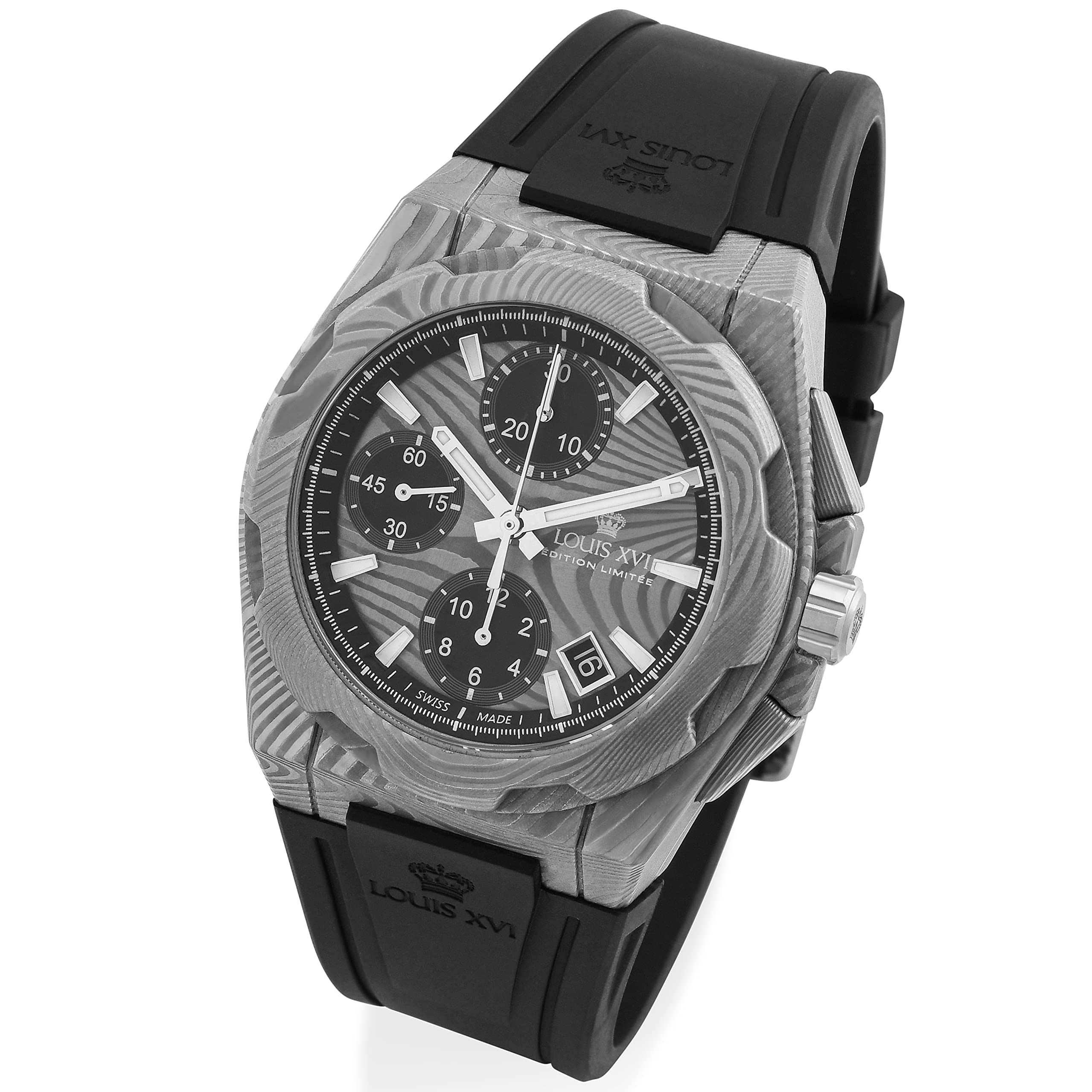 LOUIS XVI Herren-Armbanduhr La Vauguyon Damaskus Stahl Kautschukband Schwarz Super-LumiNova Chronograph Analog Automatik 1201