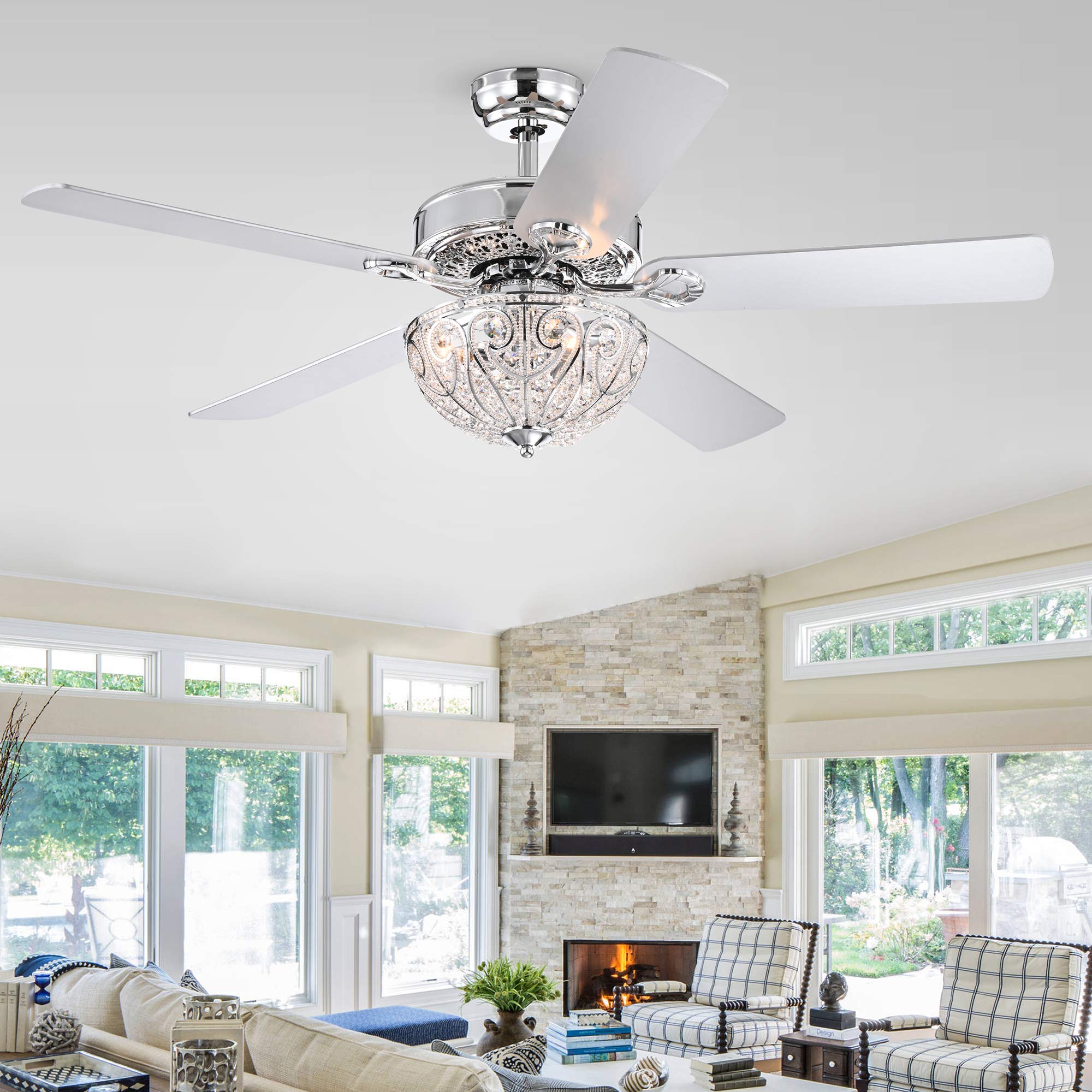 Warehouse of Tiffany Norin Chrome 52-Inch 5-Blade Lighted Ceiling Fan with Crystal Bowl Shade (Includes Remote)