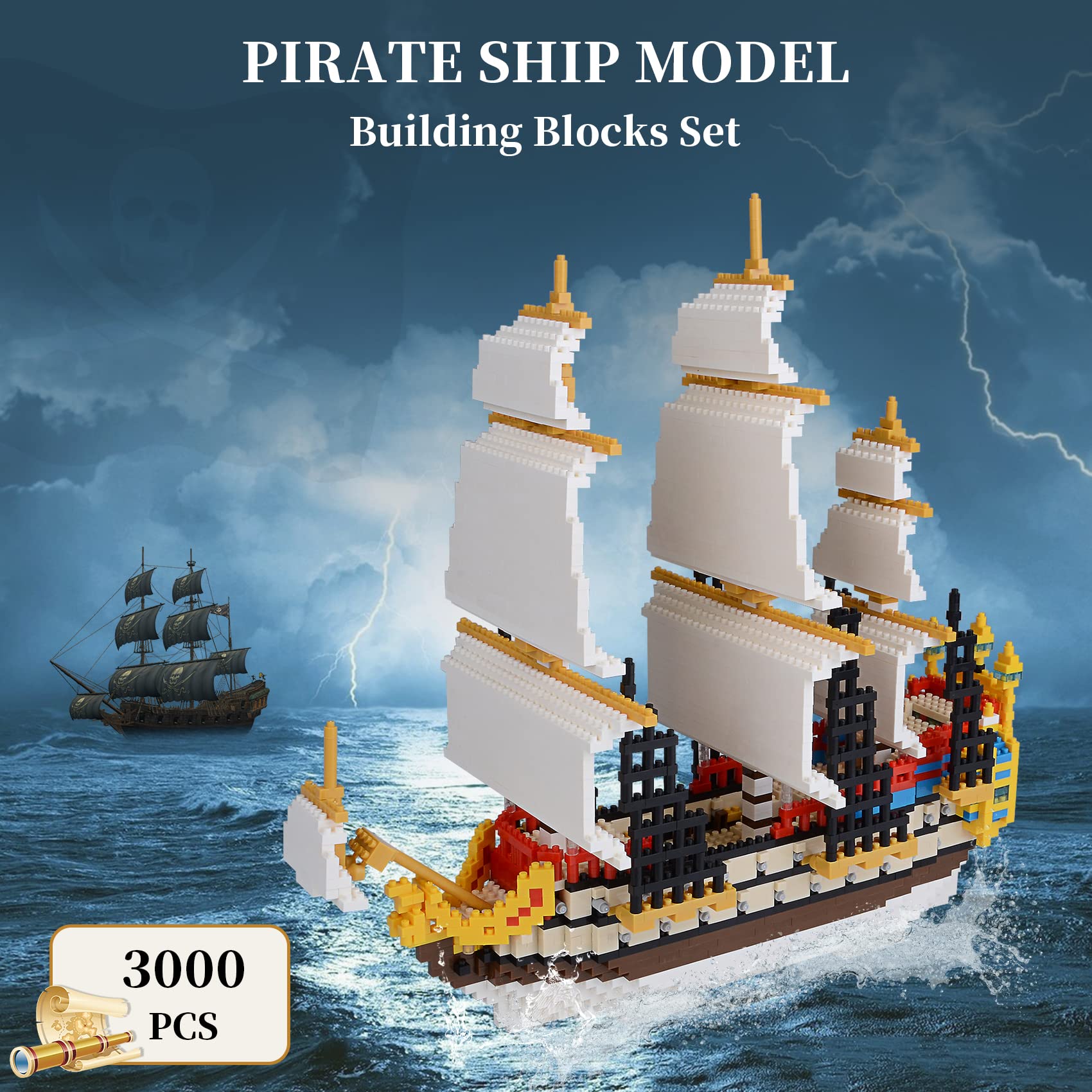 Geniteen Building Blocks Set, Pirates Ship Model Building Blocks Kits 3000 PCS Creative Sailboat Micro Mini Blocks