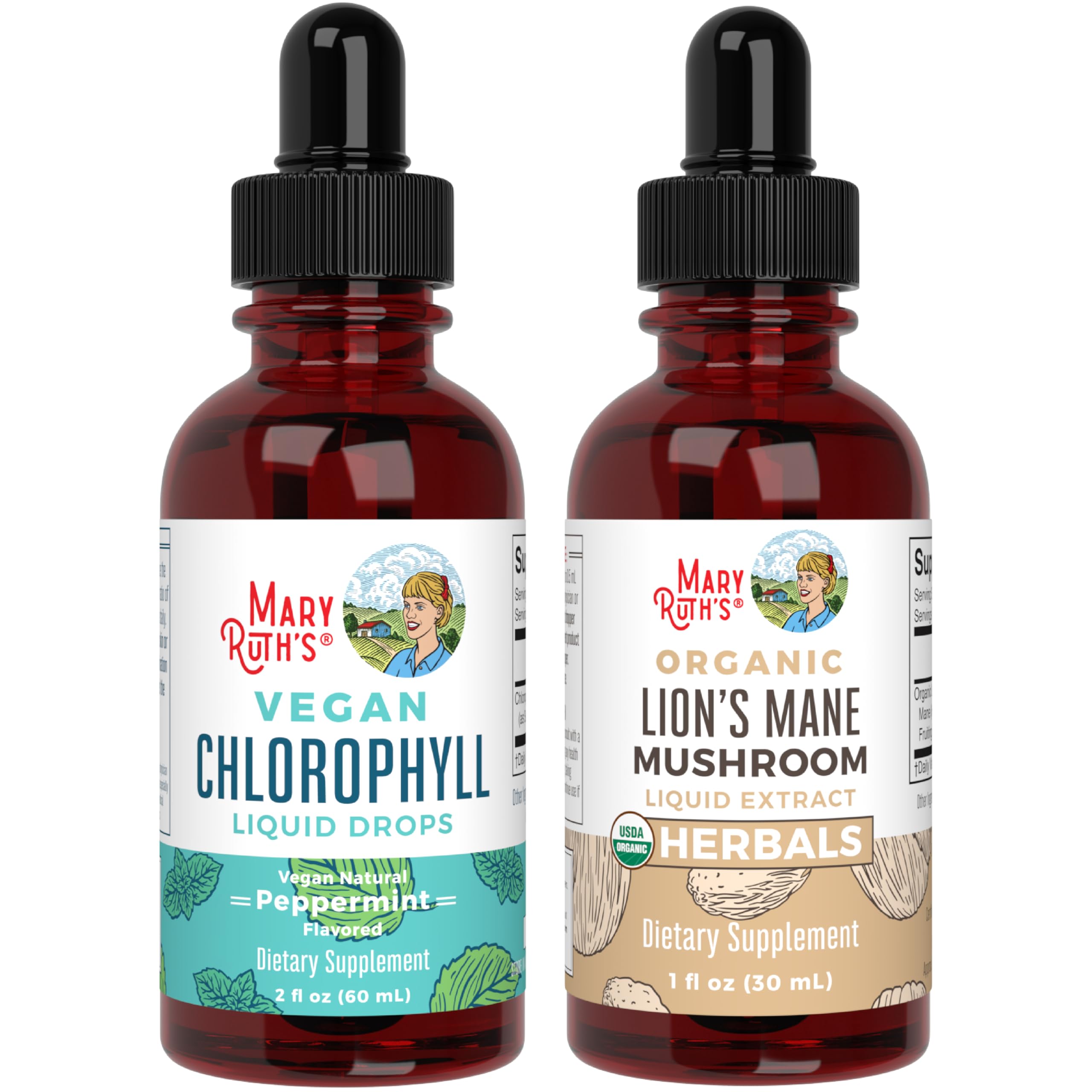 MaryRuth's Chlorophyll Liquid Drops + Lions Mane Mushroom Extract 2-Pack Bundle | Energy Boost, Immune Support, Detox and Cleanse, Brain Boost | Vegan, Non-GMO