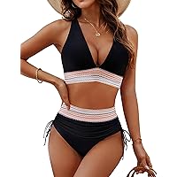 Blooming Jelly Womens High Waisted Bikini Sets Color Block Tummy Control Swimsuits Drawstring Two Piece Bathing Suit 2024