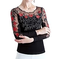 Women's Lace Tops Long Sleeve Casual Rhinestone Rose Floral Embroidered Mesh Blouses Shirts