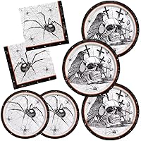 Gatherfun Spider Webs Halloween Party Supplies - Featuring Skull & Spider Themes, All-inclusive Wicked Web Paper Plates and Napkins. Ideal for Halloween Party Decorations, Serve 50 Guests.