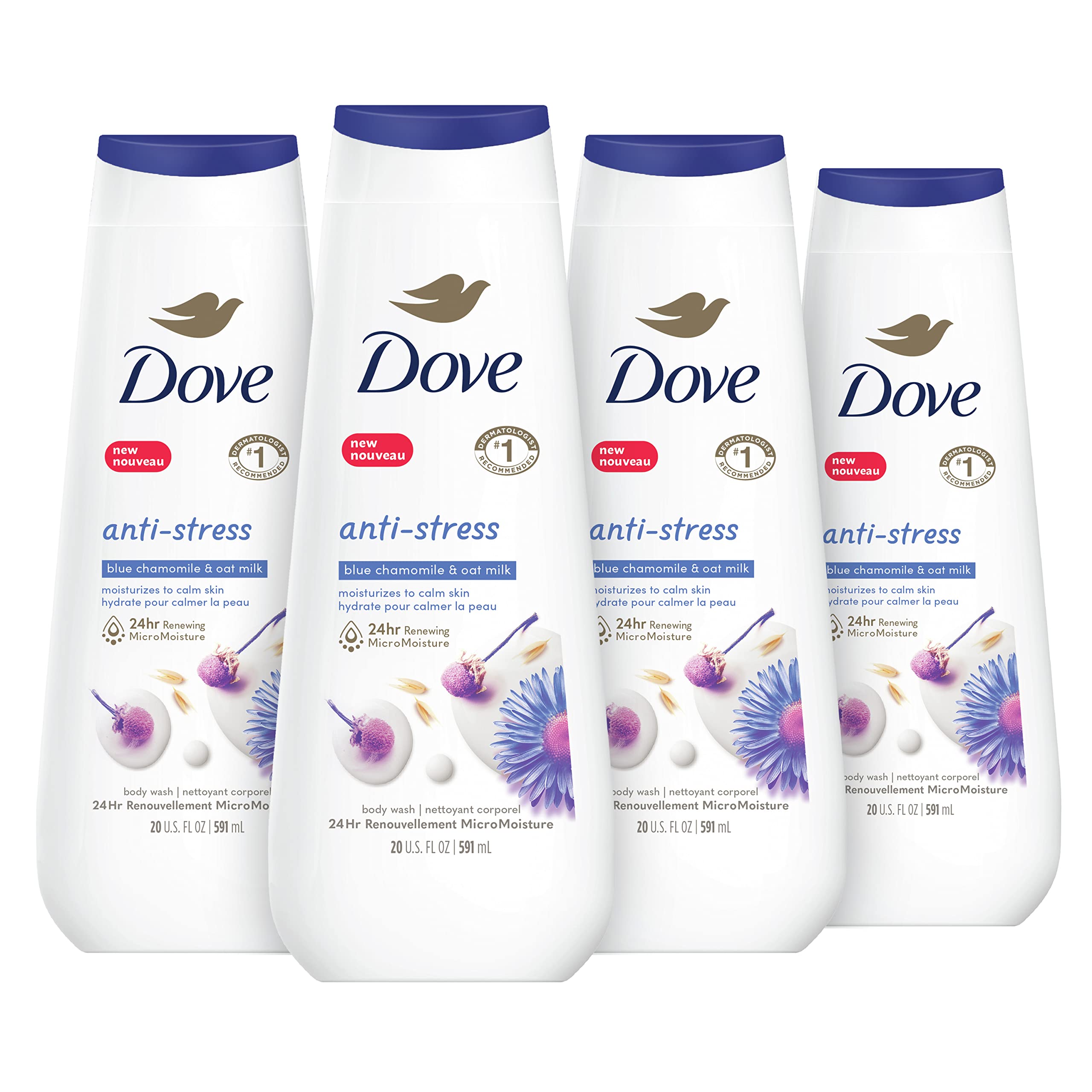 Dove Body Wash Anti-Stress Blue Chamomile & Oat Milk 4 Count for Renewed, Healthy-Looking Skin Moisturizing Gentle Skin Cleanser with 24hr Renewing MicroMoisture 20 oz