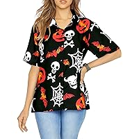 LA LEELA Women's Hawaiian Spooky Blouse Dresses Short Sleeve Vintage Shirt Halloween Pirate Shirts Button Down Summer Tops for Women L Dark Night, Bat Spider Webs
