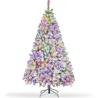 6ft Prelit Snow Flocked Christmas Tree, Artificial Christmas Trees with 250 Multicolored & Warm White Lights, Xmas Pine Tree for Holiday Home, Office, Party Indoor Outdoor Decoration