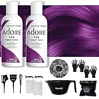 2 PACK - Adore Violet Gem 114 - Hair Color 4 Fl Oz - plus PINELO Bundle - 16 in 1 - Complete Hair Coloring Kit, Mixing Bowl, Brushes, Clips, Disposable Gloves, Storage Bag - DIY Hairdressing Supplies