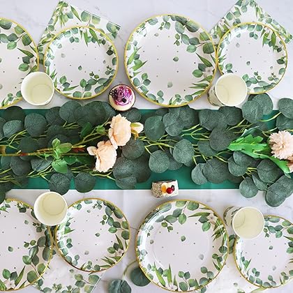 SAINLEEN Baby Shower Decorations Greenery Paper Plates & Napkins Party Supplies for 24 Guest, Sage Green Supplies-Disposable Plate,Cups, Cutlery Wedding Bridal Birthday