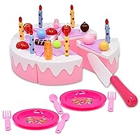 Birthday Cake Toy for Kids, Pretend Play Party Food Set Cutting Dessert with Candles, Plates Forks, Princess Party Playset