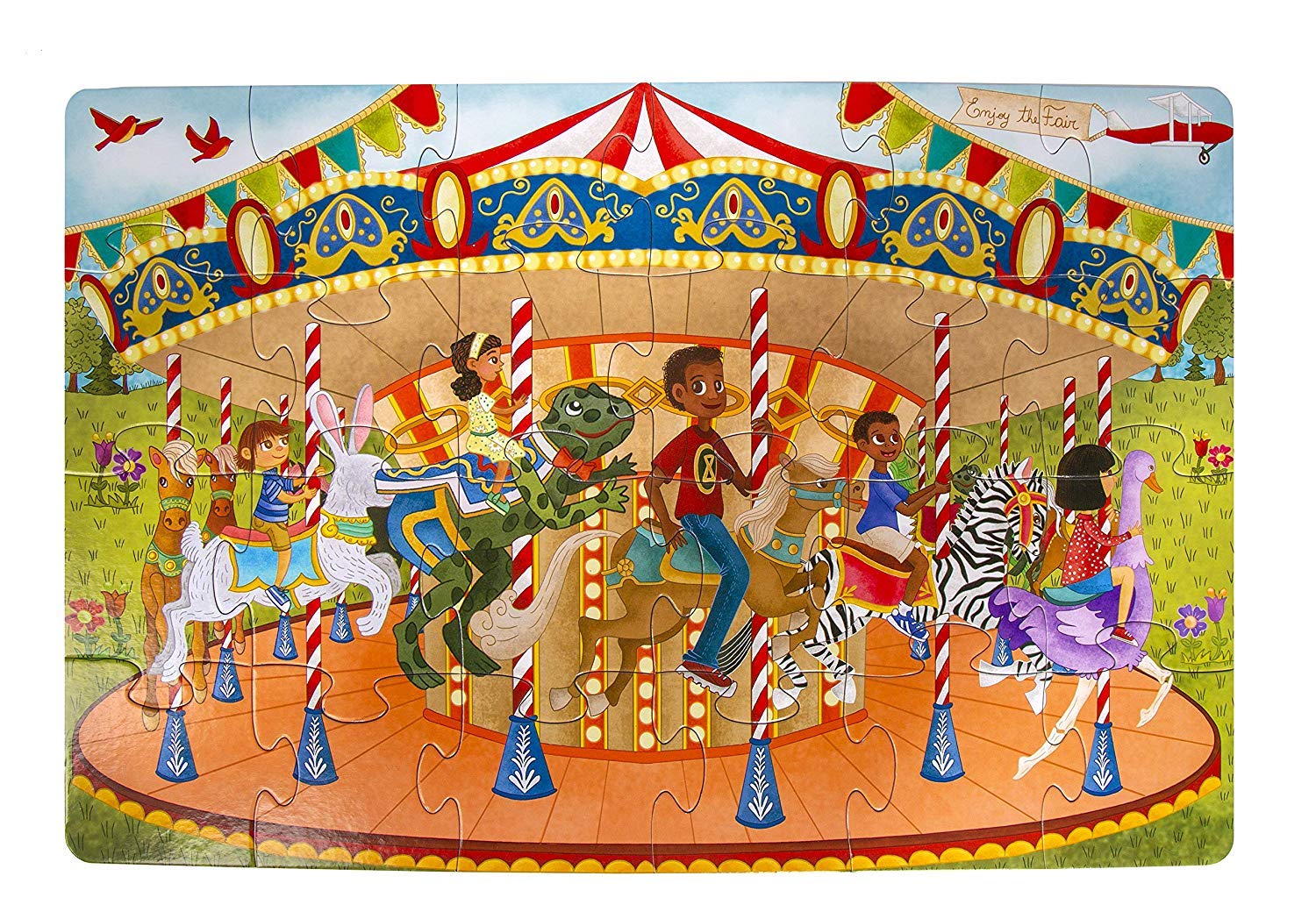 Upbounders: Joyful Carousel Animals Numbers and Colors - 24 Piece 2-Sided Beginnger Puzzle,Toddler Boy,Girl, Ages 3-5, Counting Activity with African American-Diverse Children at Play