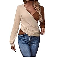 Women's Waffle Wrap Tops Fashion Contrast Spring Fall Shirts Lantern Long Sleeve Sexy V Neck Ruched Casual Blouses