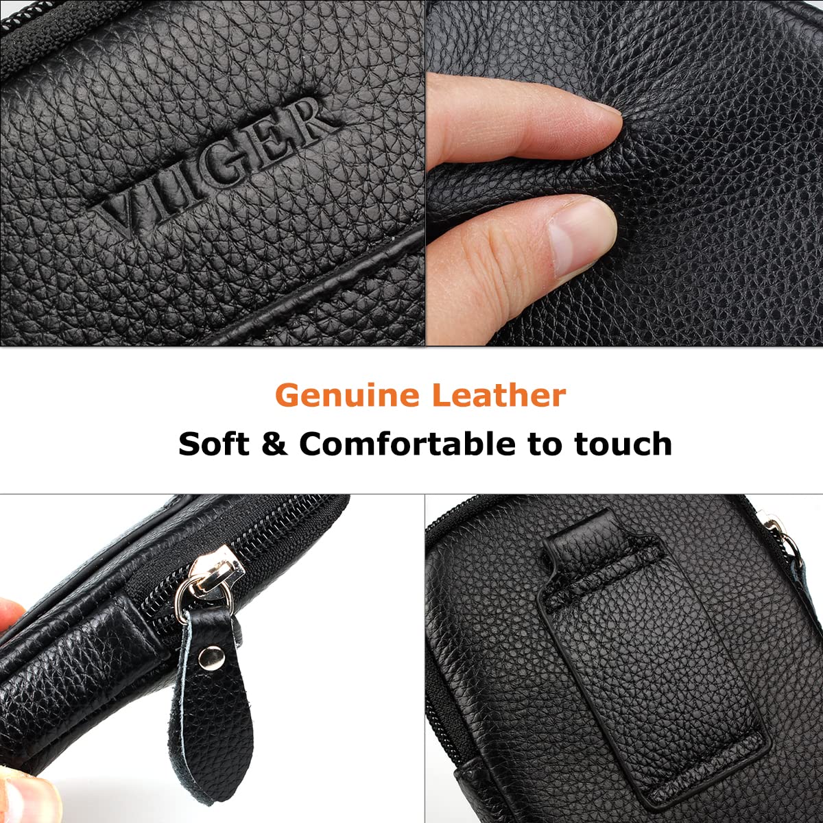 Leather Cell Phone Pouch Cellphone Belt Clip Holster Compatible with iPhone 14 Pro Max 13 Pro Max with Phone Case Dual Pocket Universal Smartphone Belt Loop Pouch Bag for Samsung S22 Ultra