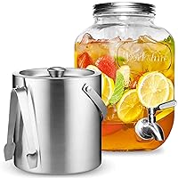Double-Wall Stainless Steel Insulated Ice Bucket with 1 Gallon Glass Drink Dispenser for Fridge