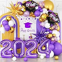 Graduation Balloons Garland Arch Kit, Graduation Balloons Class of 2024, Purple and White Gold Latex Balloons with Graduation Class Foil Balloons for 2024 Graduation Party Decor