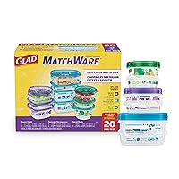 GladWare Matchware Food Storage Containers, 20 pc Value Pack Rainbow Kitchen Storage Containers | Glad Lock Tight Seal, BPA Free Lunch Containers, Glad Plastic Food Containers with Lids