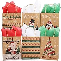 FairyLee Christmas Gift Bags with Tissue Paper, 30 PCS Christmas Kraft Wrap Bags with Handles, 6 Designs Brown Paper Xmas Bags Medium Size for Xmas Holiday Party Favor Birthday Supplies