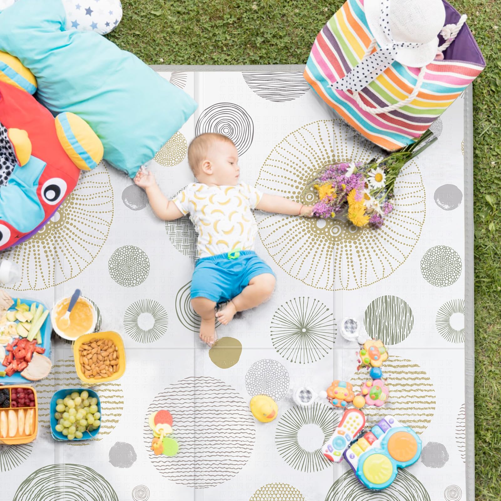 PIGLOG Foldable Baby Play Mat, Waterproof Playmats for Babies and Toddlers Kids, Safe Foam Playmat for Tummy Time, 50x50 Playpen Mat, Reversible Portable Baby Floor Mat for Infant, Toddler, Circle