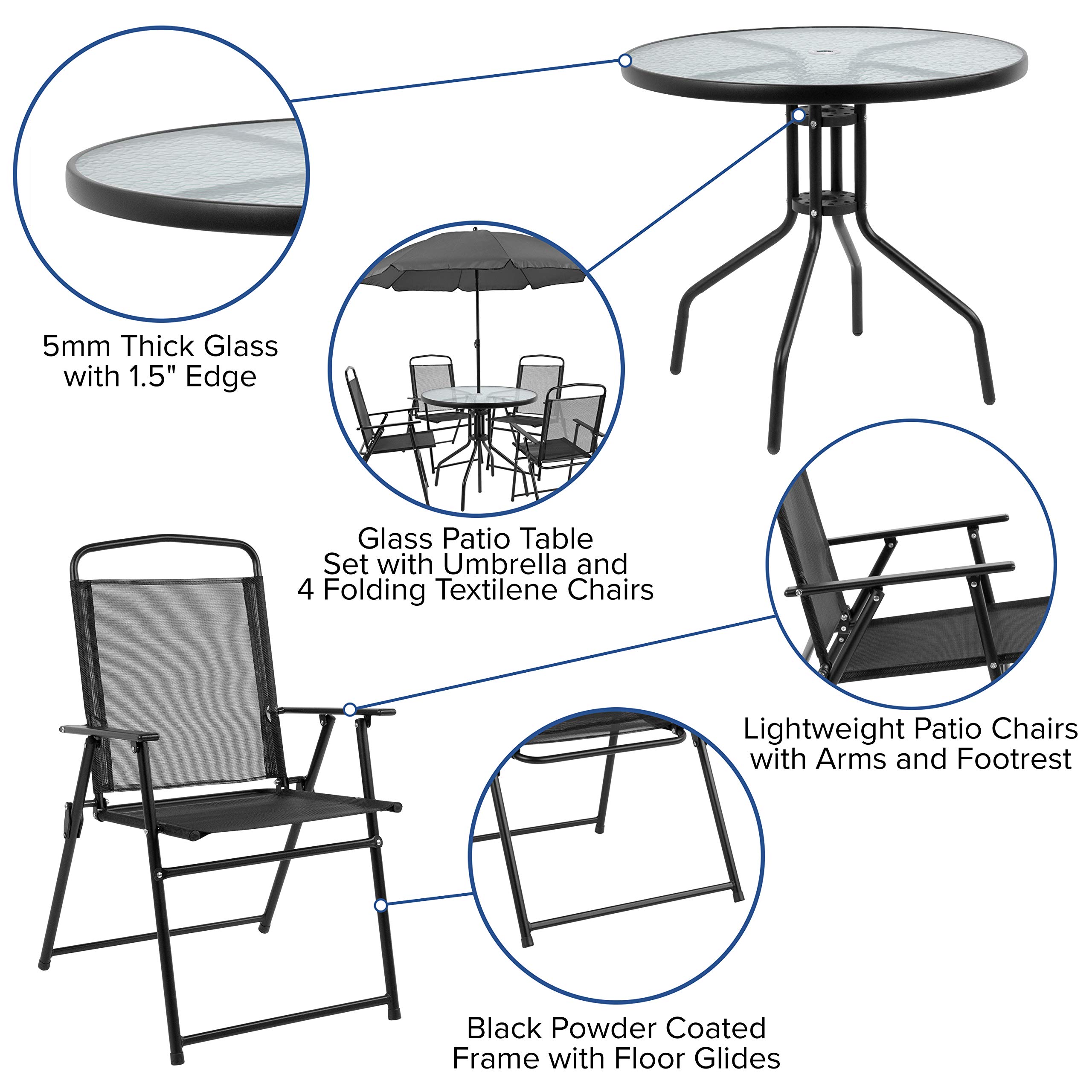 Nantucket 6 Piece Black Patio Garden Set with Table,Umbrella and 4 Folding Chair 