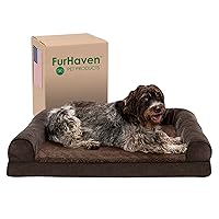 Furhaven Memory Foam Dog Bed for Large Dogs w/ Removable Bolsters & Washable Cover, For Dogs Up to 95 lbs - Sherpa & Chenille Sofa - Coffee, Jumbo/XL