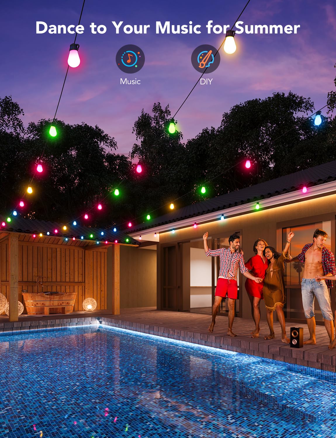 Govee Smart Outdoor String Lights with 8 Dimmable RGBIC LED Bulbs, 24ft IP65 Waterproof Shatterproof Patio Lights, Color Changing Warm White Lights with 47 Scene Modes for Balcony, Backyard, Party