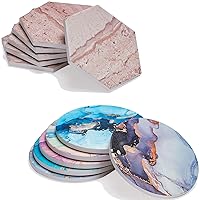 Absorbent Coasters Duo Bundle - Hexagonal Beige Marbling Plus Marbling with Golden Veins - Large Ceramic Stone Coaster with Cork Backing Protect Table from Stain & Spill