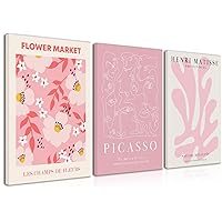 Djmwtb Matisse Picasso Abstract Canvas Wall Art Framed Set of 3 Pink Flower Market Poster Prints Aesthetic Pictures Modern Minimalist Wall Decor Painting for Living Room Bedroom Bathroom 12