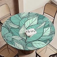 Round Fitted Tablecloth Waterproof Table Cloth with Elastic Edge Design Green Leaves Pattern Table Covers Vinyl Tablecloths for Picnic Wipeable Table Cloth for Indoor Outdoor