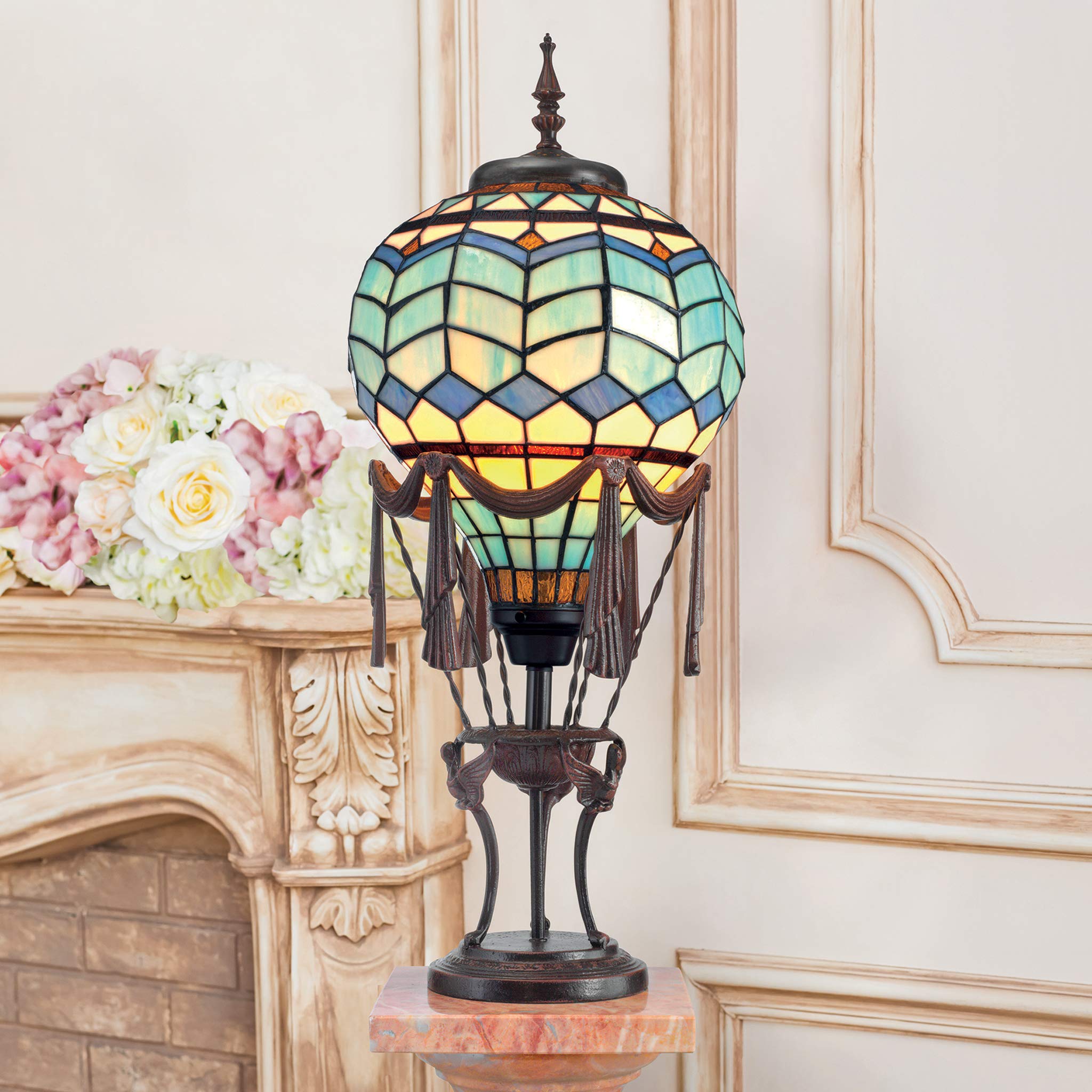 Design Toscano Le Flesselles Hot Air Balloon Illuminated Stained Glass Statue Table Lamp, full color 27 Inch