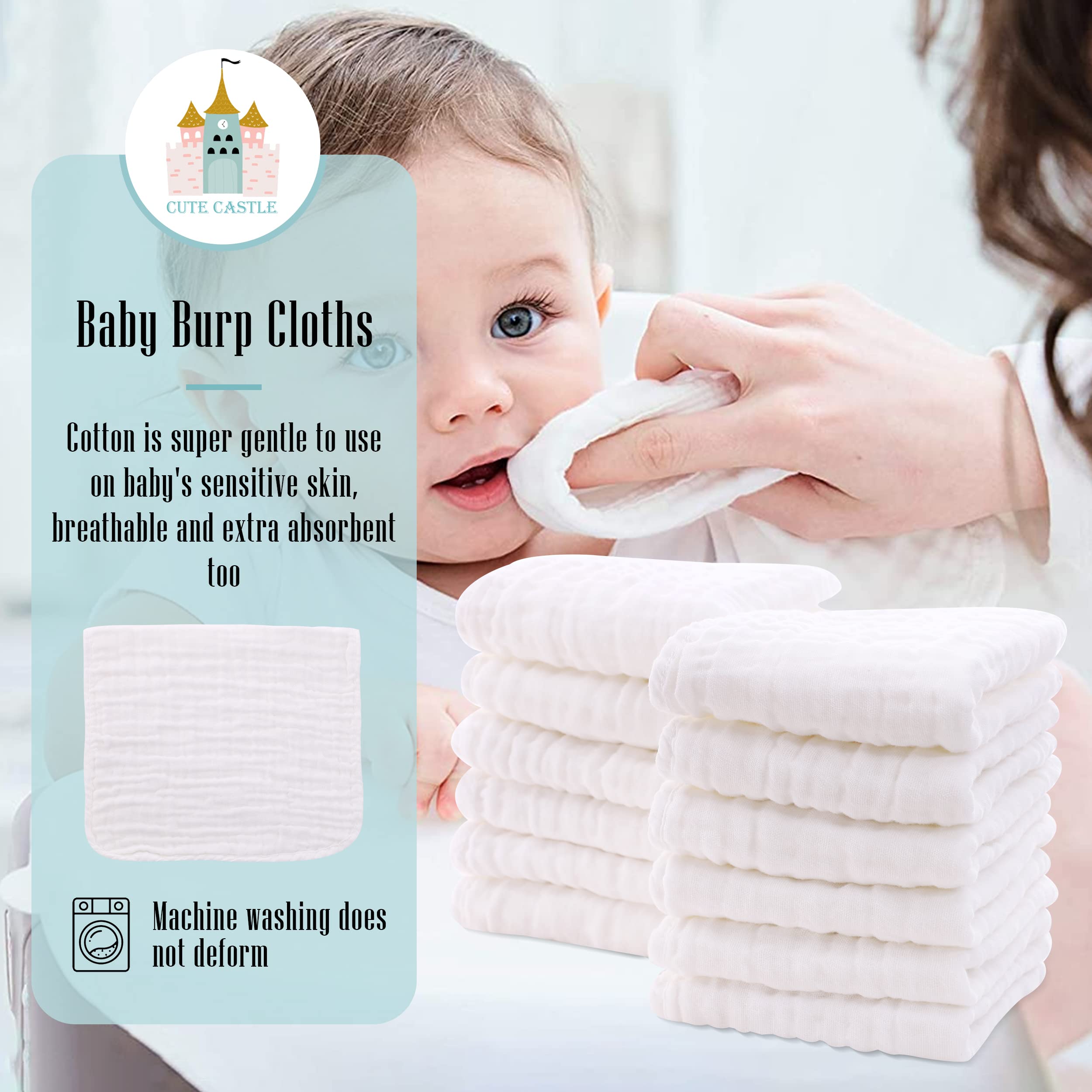 Cute Castle 12 Pack Muslin Burp Cloths for Baby - Ultra-Soft 100% Cotton Baby Washcloths - Large 20'' by 10'' Super Absorbent Milk Spit Up Rags - Burpy Cloths for Unisex, Boy, Girl - White