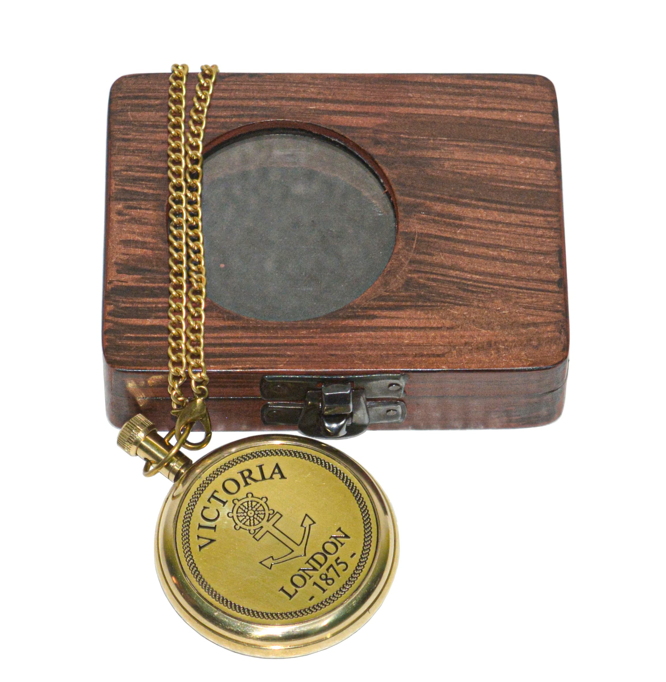Hassanhandicrafts Antique Vintage Maritime Victoria London Brass Pocket Watch with Wooden Box