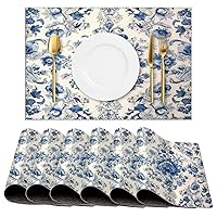 Chinese Style Chinoiserie Blue and White Porcelain Floral Placemats Set of 6 PCS Table Mats for Dinning Table Home Decoration Kitchen Place Mat Non-Slip Heat Resistant