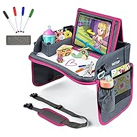 Kids Travel Tray with Dry Erase Board, Car Seat Lap for Food & Play Activity, Carseat Table Trays for Toddler, Kid Activity Desk for Air Travel, No-Drop Tablet Holder & Borders (Grey with Pink Frame)